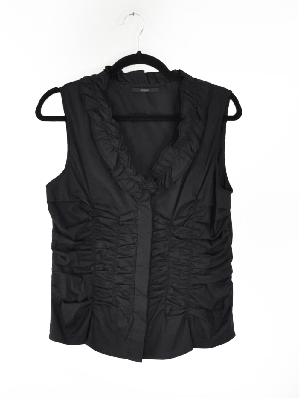 SEVENTY Venezia Black Sleeveless Ruched Blouse Ruffle Trim Collar Top